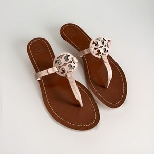 Tory Burch Mini Miller Sandals Pink Leather‎ Logo Thong Flats Women's 10.5